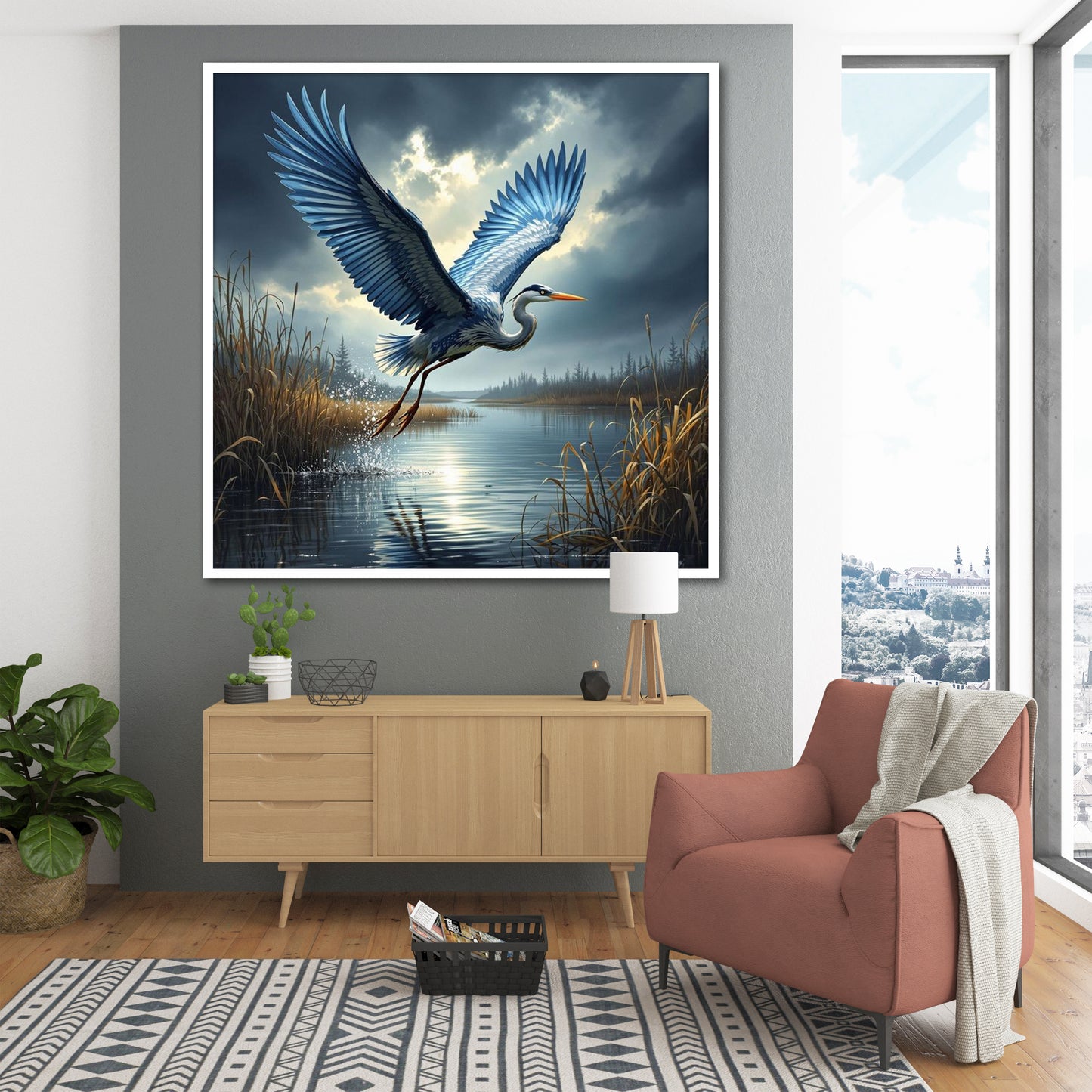 Flying Blue Heron Canvas Wall Art - Large Lake Landscape Nature Painting