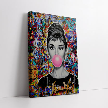 Audrey Hepburn Bubble Gum Pop Art Canvas - Colorful Graffiti Street Art Print