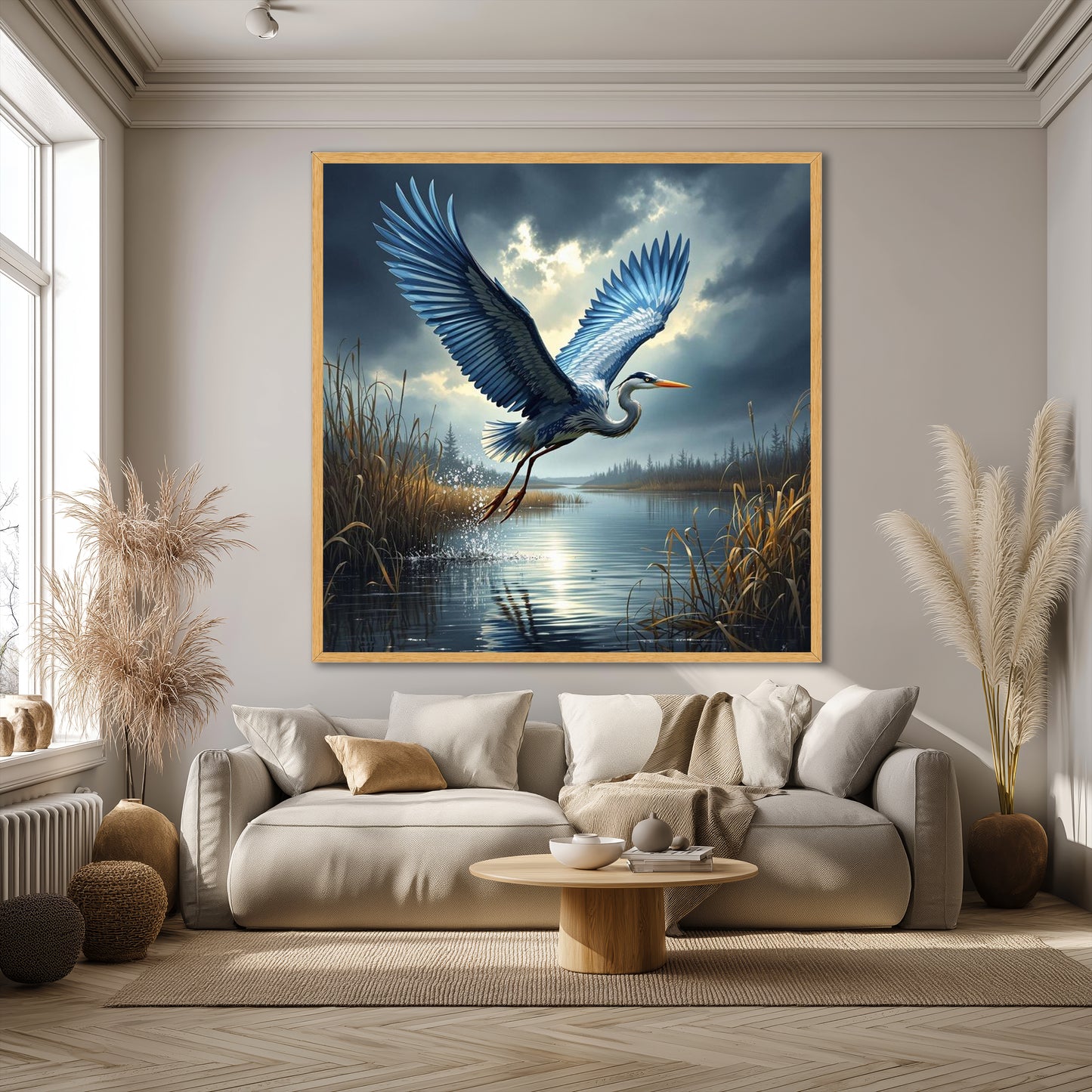 Flying Blue Heron Canvas Wall Art - Large Lake Landscape Nature Painting