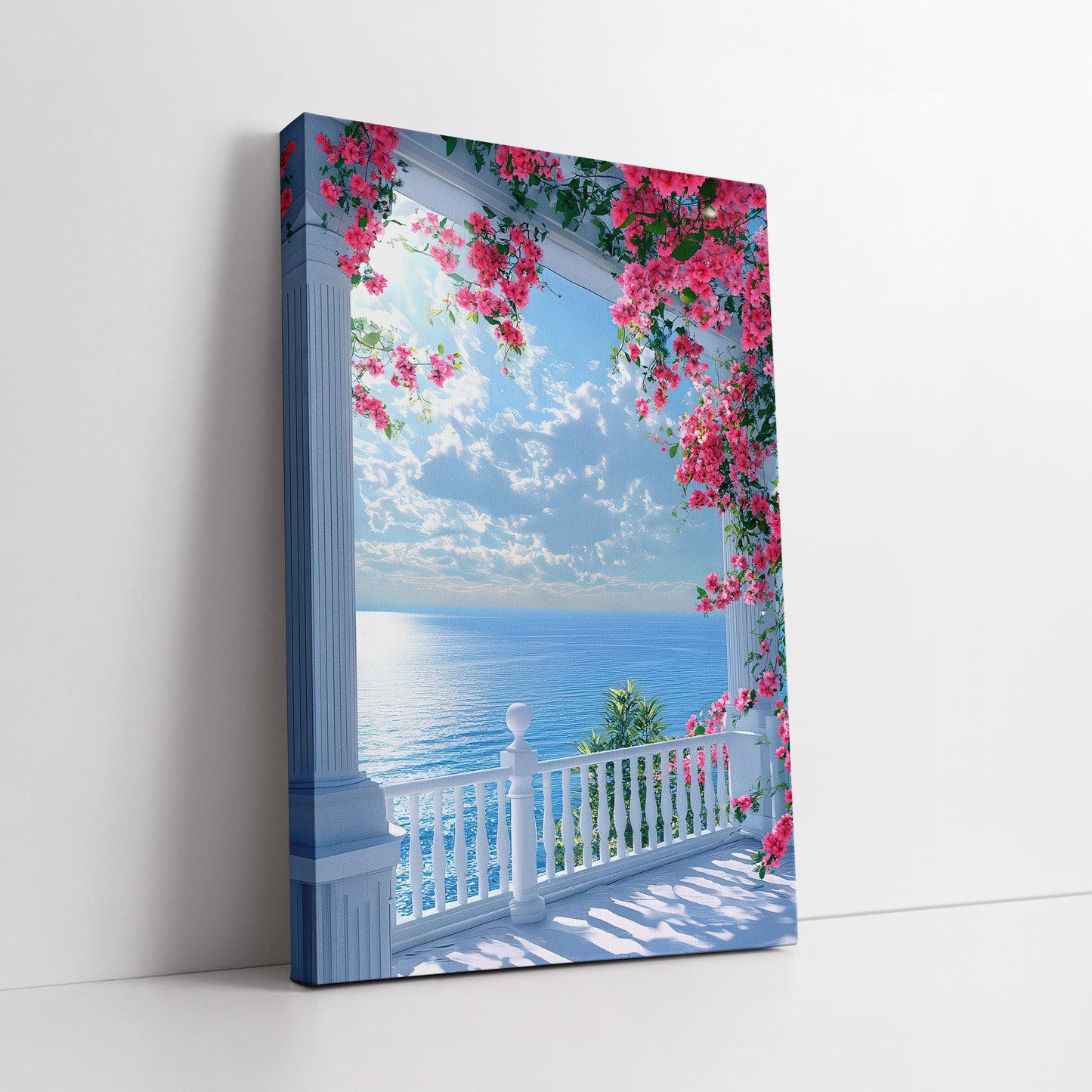 Ocean View Balcony and Pink Flowers Canvas Print - Coastal Home Decor