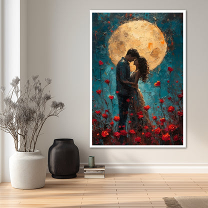 Romantic Couple Under Full Moon Canvas Wall Art - Rose Garden Print