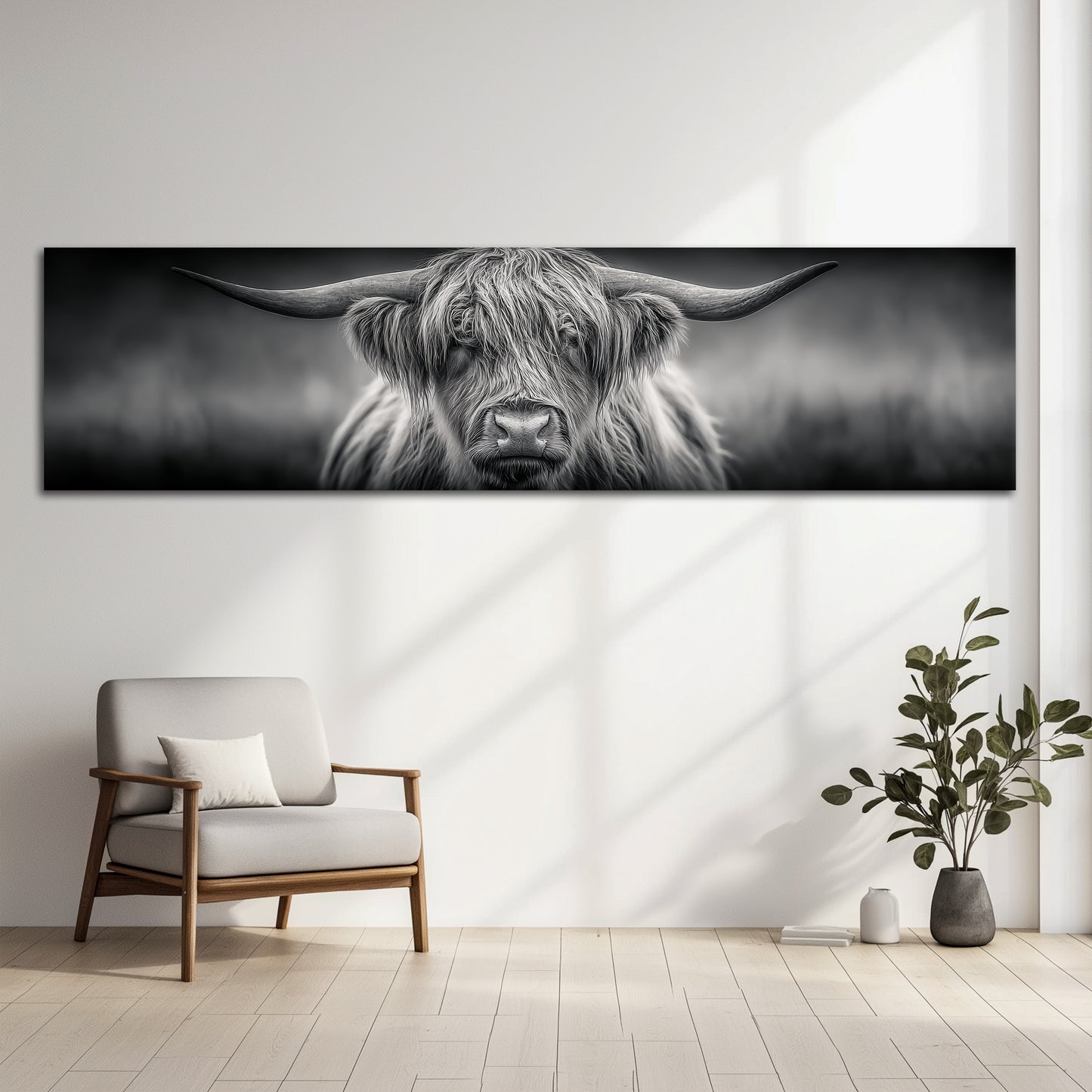 Highland Cow Panoramic Canvas Wall Art - Black and White Modern Wall Decor