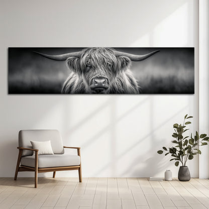 Highland Cow Panoramic Canvas Wall Art - Black and White Modern Wall Decor