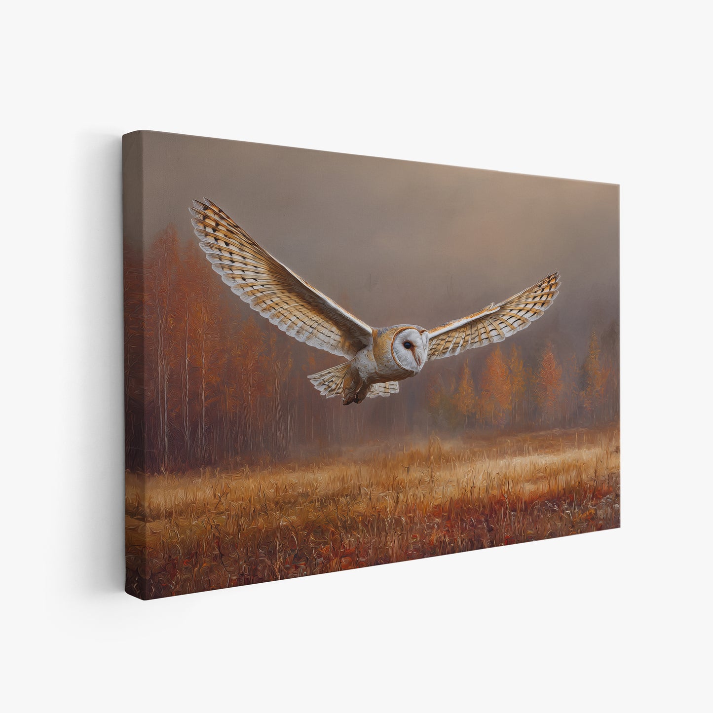 Flying Barn Owl Canvas Wall Art - Autumn Forest Landscape Print