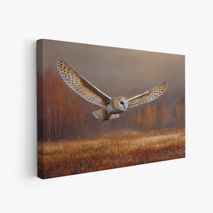 Flying Barn Owl Canvas Wall Art - Autumn Forest Landscape Print
