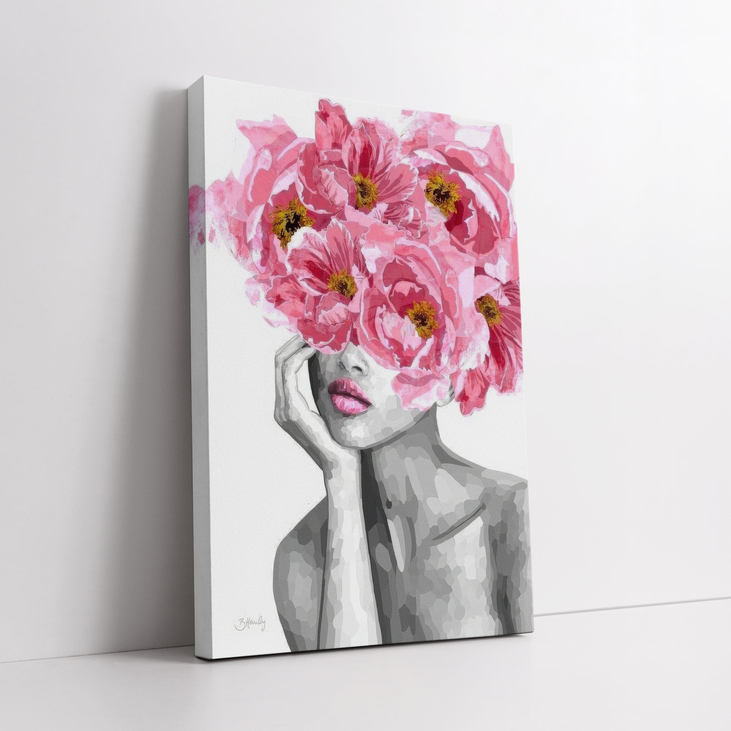 Pink Peony Flower Head Woman Canvas Art - Modern Floral Print