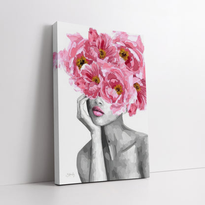 Pink Peony Flower Head Woman Canvas Art - Modern Floral Print