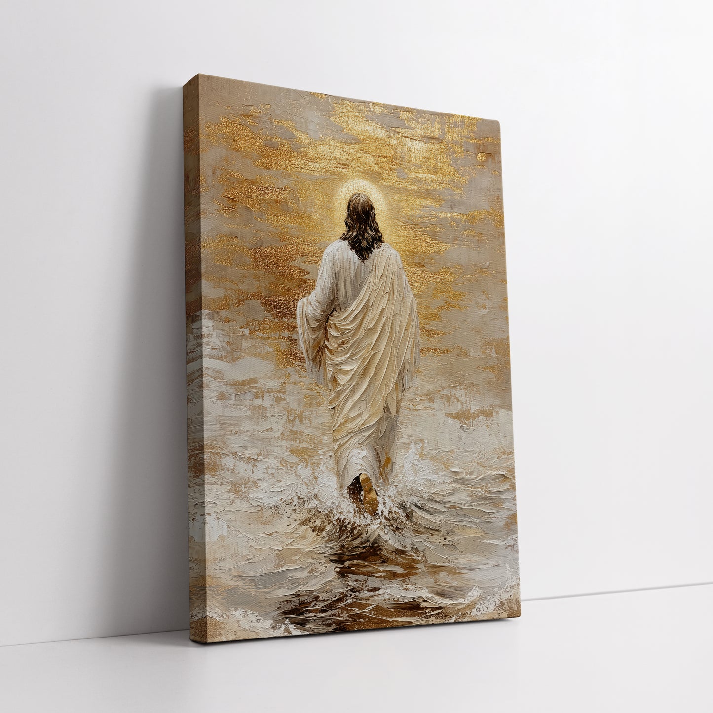 Jesus Walking on Water Canvas Print - Modern Christian Gold Wall Art
