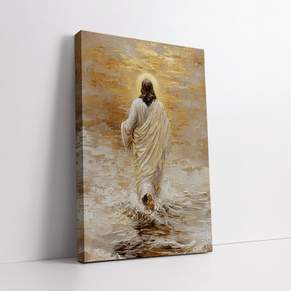 Jesus Walking on Water Canvas Print - Modern Christian Gold Wall Art