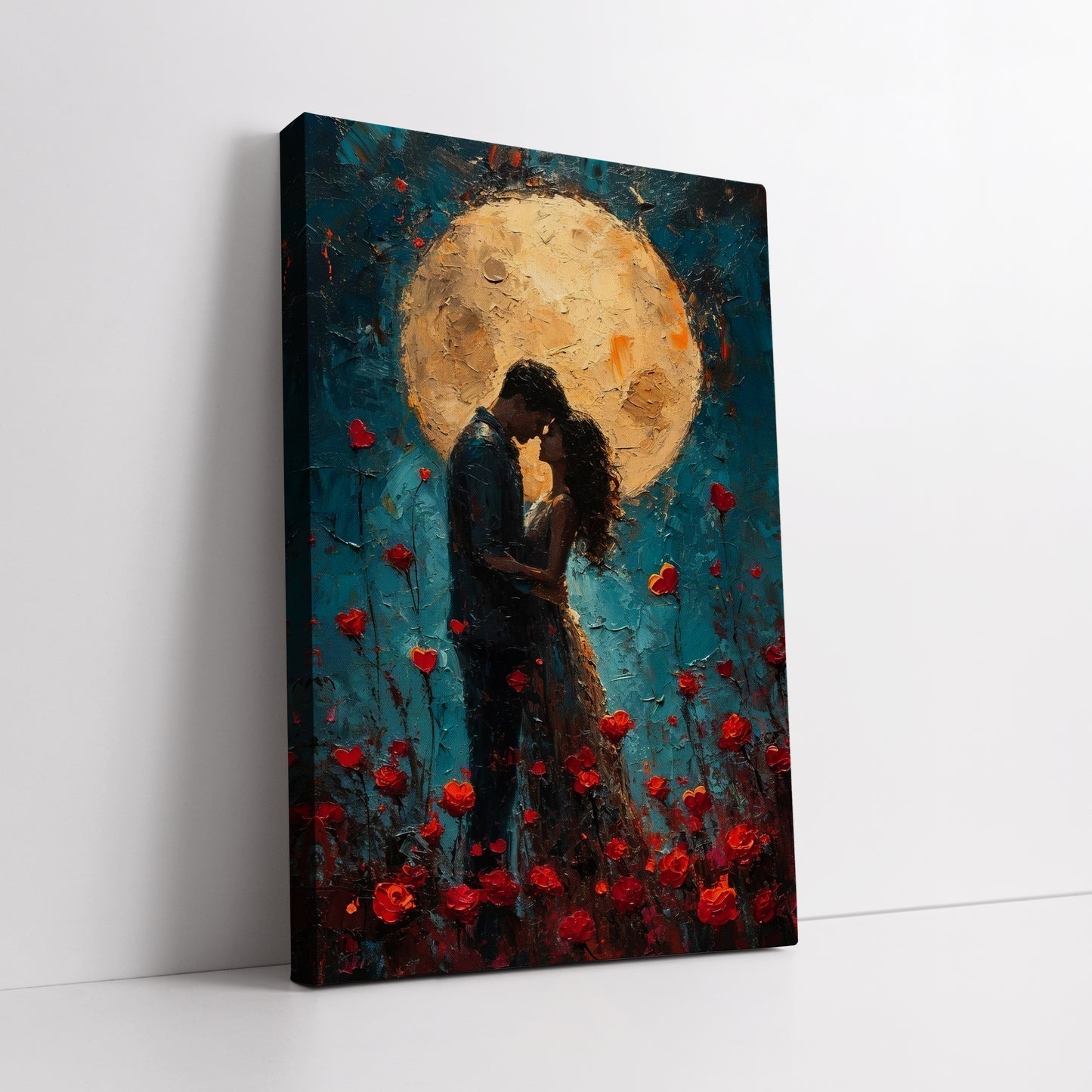Romantic Couple Under Full Moon Canvas Wall Art - Rose Garden Print