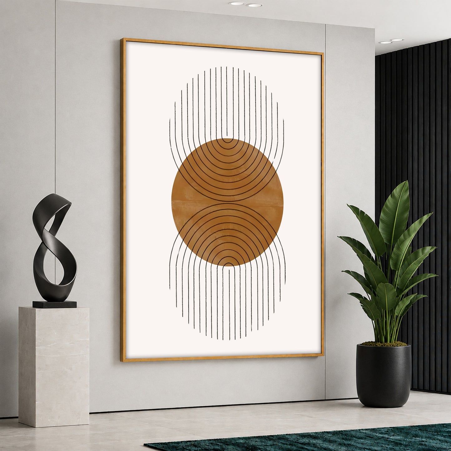 Large vertical canvas print featuring a prominent terracotta sun disk layered with black minimalist geometric arch lines, displayed in a luxury modern interior.