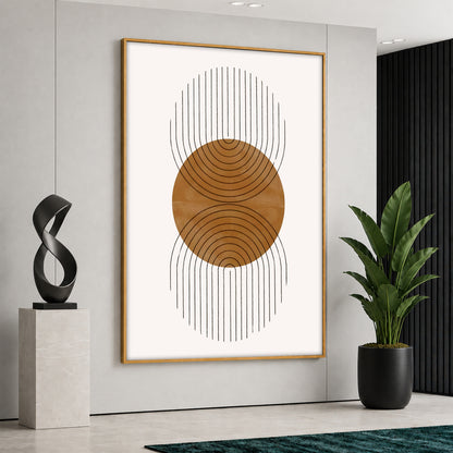 Large vertical canvas print featuring a prominent terracotta sun disk layered with black minimalist geometric arch lines, displayed in a luxury modern interior.