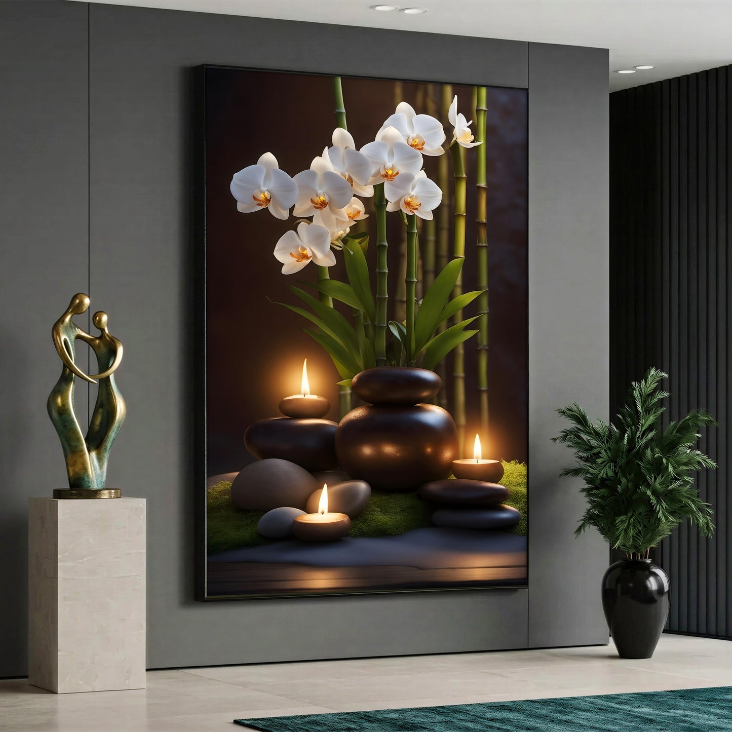 An atmospheric spa canvas painting depicting three glowing warm candles on green moss, stacked smooth black pebbles, green bamboo stalks, and a beautiful bouquet of white orchids against a dark background.