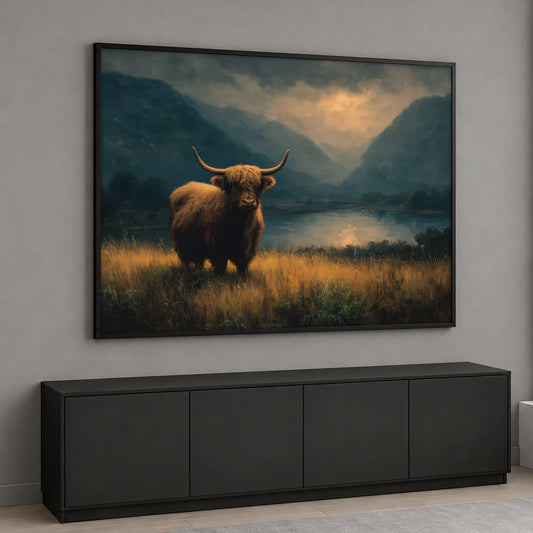Horizontal canvas wall art featuring a long-haired Scottish Highland cow standing in a golden field with misty mountains, a lake, and a dramatic sunset background.