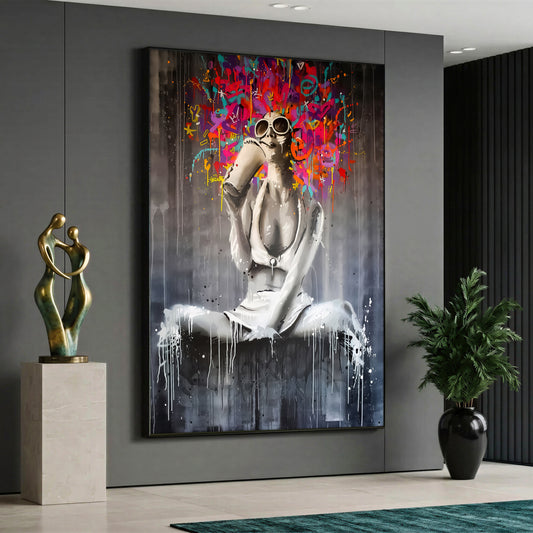 A modern pop art canvas painting depicting a monochrome black and white woman sitting cross-legged and enjoying a drink with sunglasses, featuring a vibrant explosion of multicolored abstract graffiti hair against a dripping grey and black background.