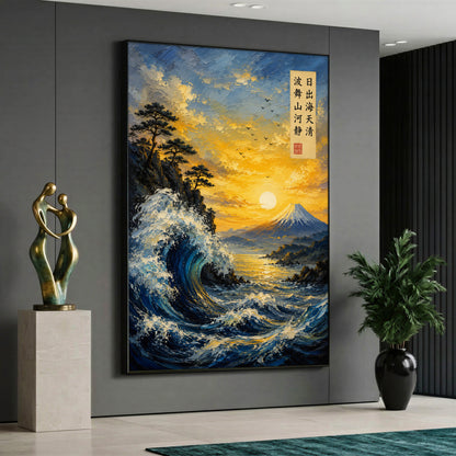 A vertical canvas wall art depicting a large ocean wave crash with Mount Fuji and a golden sunset in the background, styled with Asian calligraphy, displayed on a grey wall.