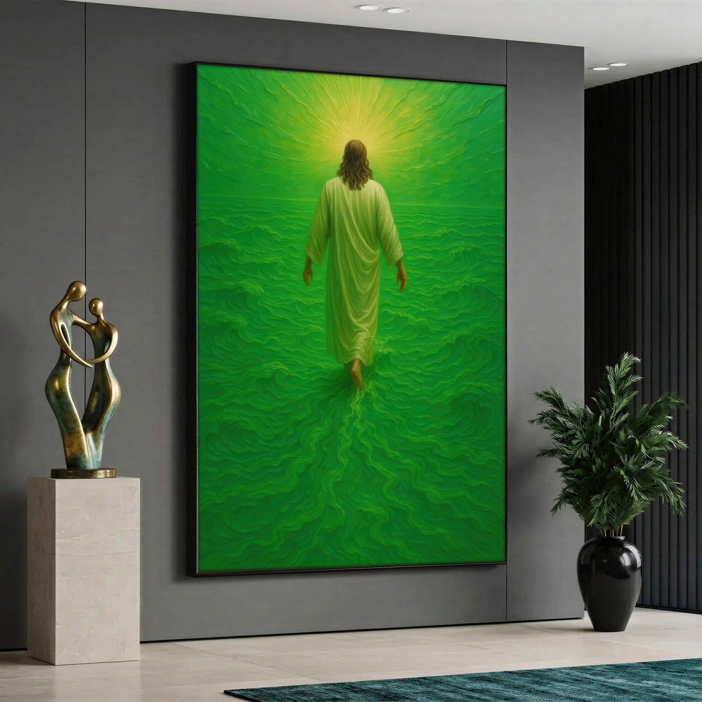 A vertical canvas print depicting Jesus Christ from behind walking on ocean waves with a heaven green background and a bright yellow halo.
