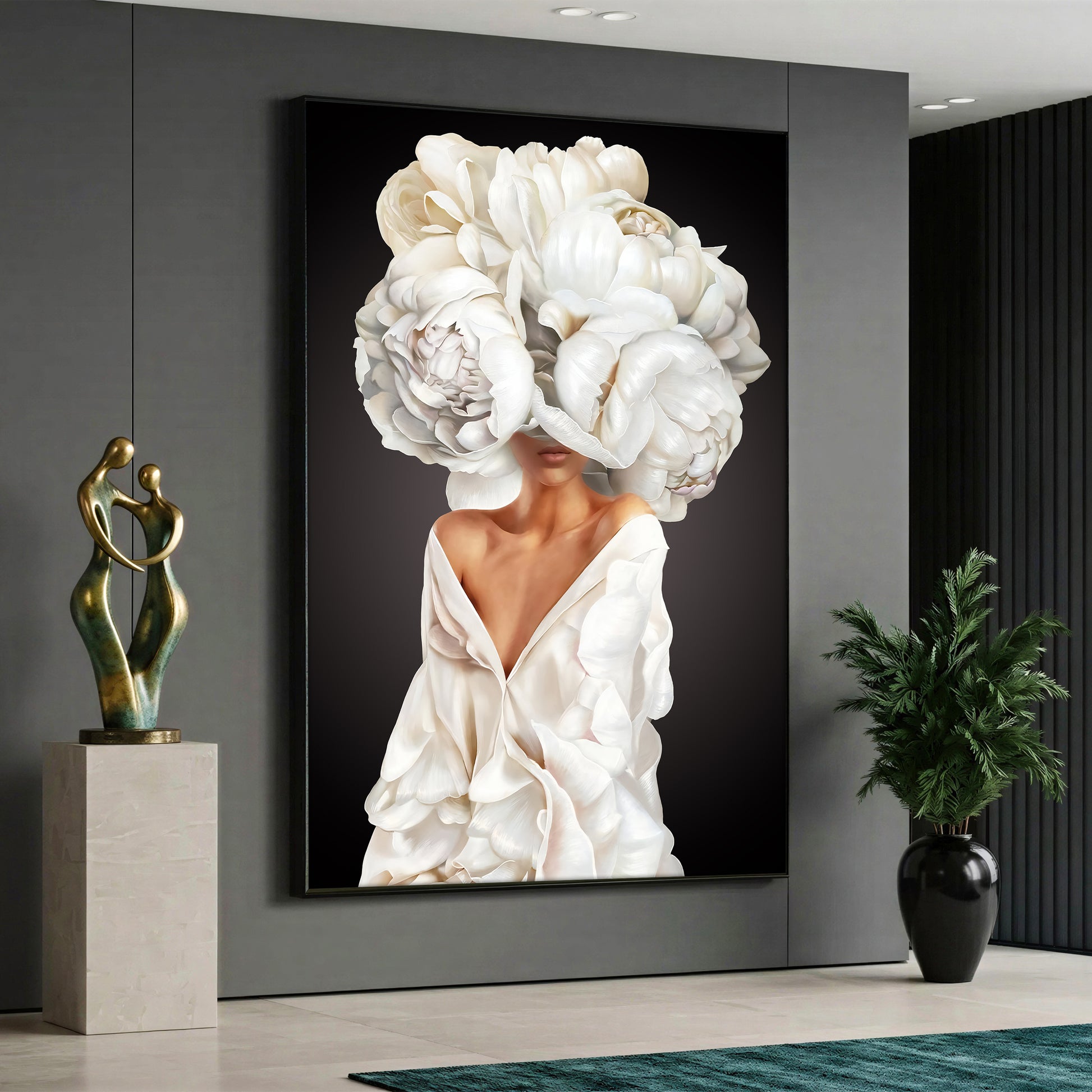 Large vertical canvas print featuring an elegant woman portrait with oversized white peonies on her head against a dark black backdrop, displayed in a modern grey room.