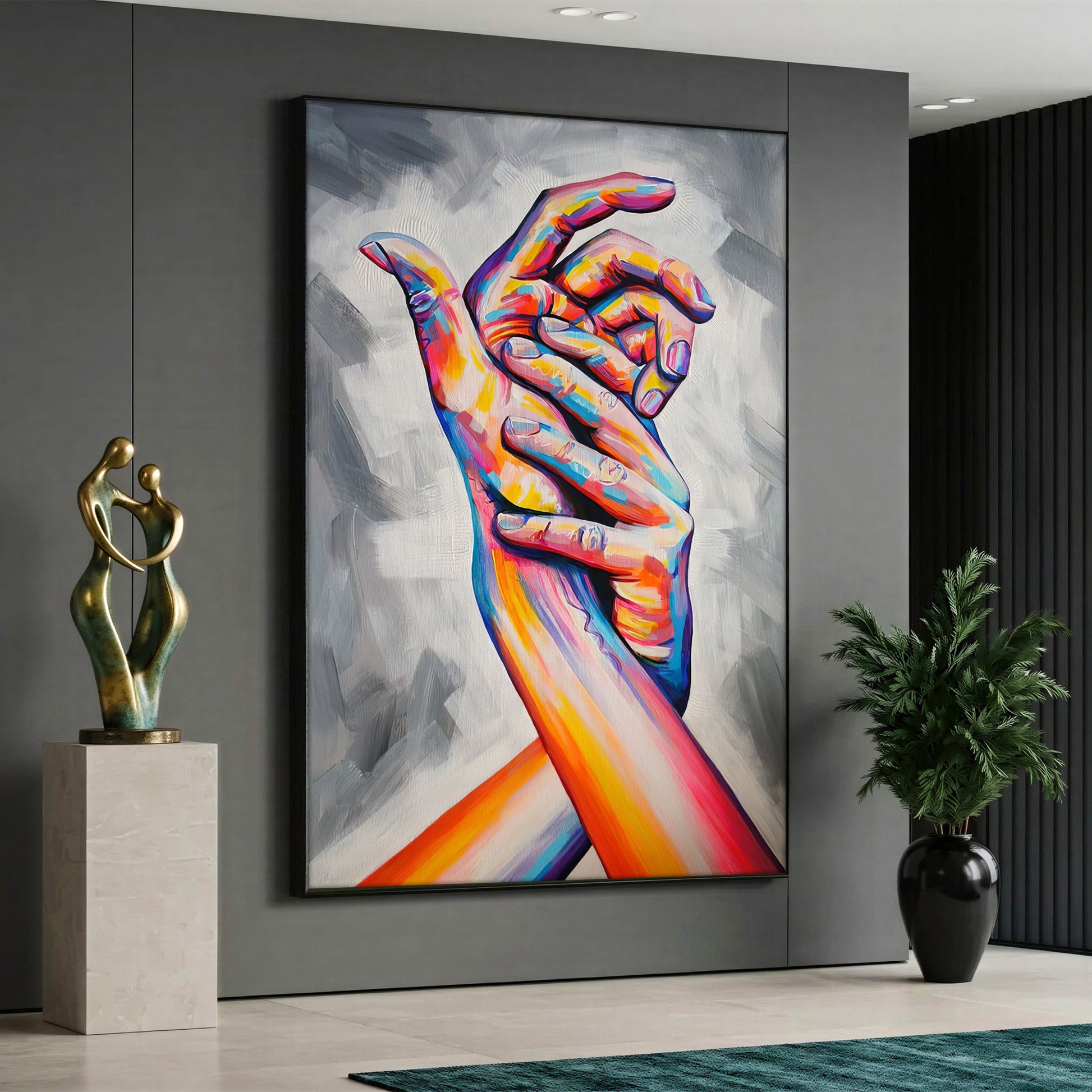 Abstract figurative canvas wall art featuring interlocking hands in vibrant and colorful tones