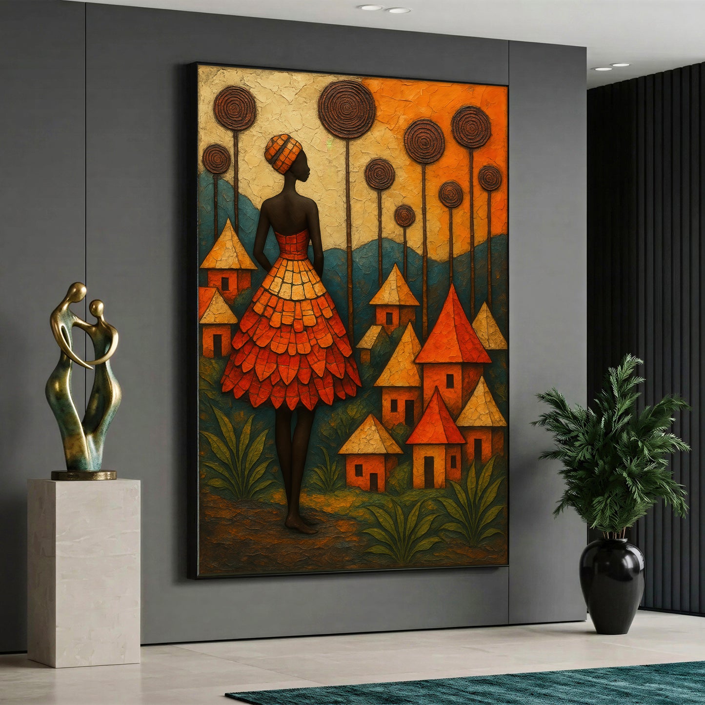 Abstract African Woman and Village Canvas Print - Warm Orange Wall Art