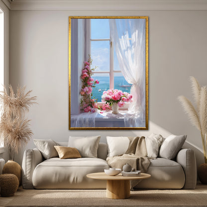 Window Landscape and Pink Flowers Canvas Print - Romantic Home Decor