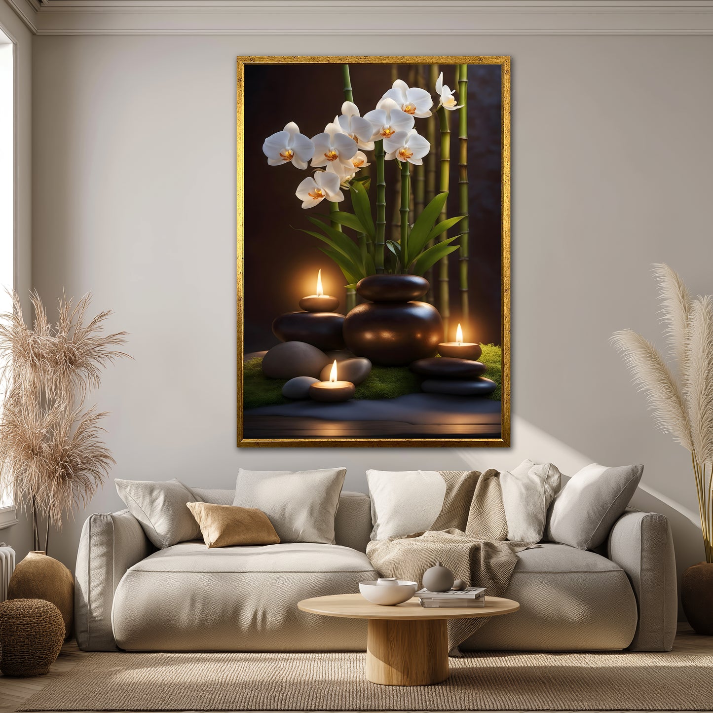 Glowing Candles and White Orchid Canvas Art - Dark Spa Meditation Print