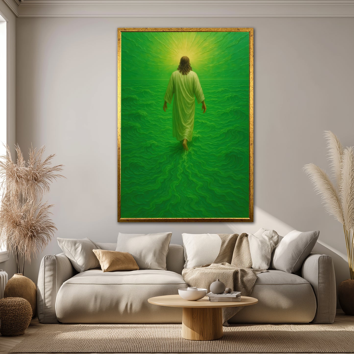 Jesus Walking on Water Canvas Print - Heaven Green Background Wall Art