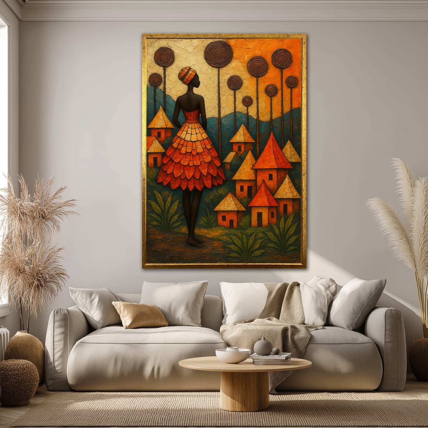 Abstract African Woman and Village Canvas Print - Warm Orange Wall Art