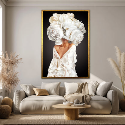 Luxury White Peony Flower Head Woman Canvas Print - Elegant Wall Art
