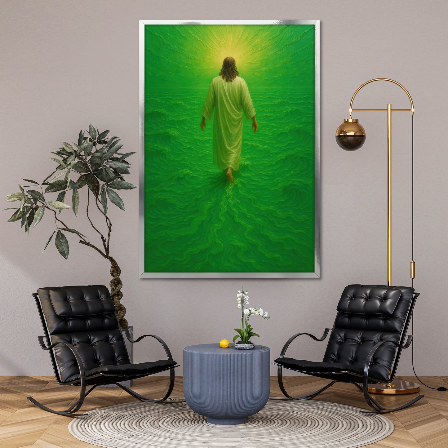 Jesus Walking on Water Canvas Print - Heaven Green Background Wall Art