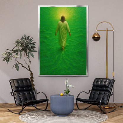 Jesus Walking on Water Canvas Print - Heaven Green Background Wall Art