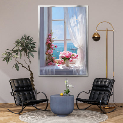 Window Landscape and Pink Flowers Canvas Print - Romantic Home Decor