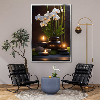 Glowing Candles and White Orchid Canvas Art - Dark Spa Meditation Print