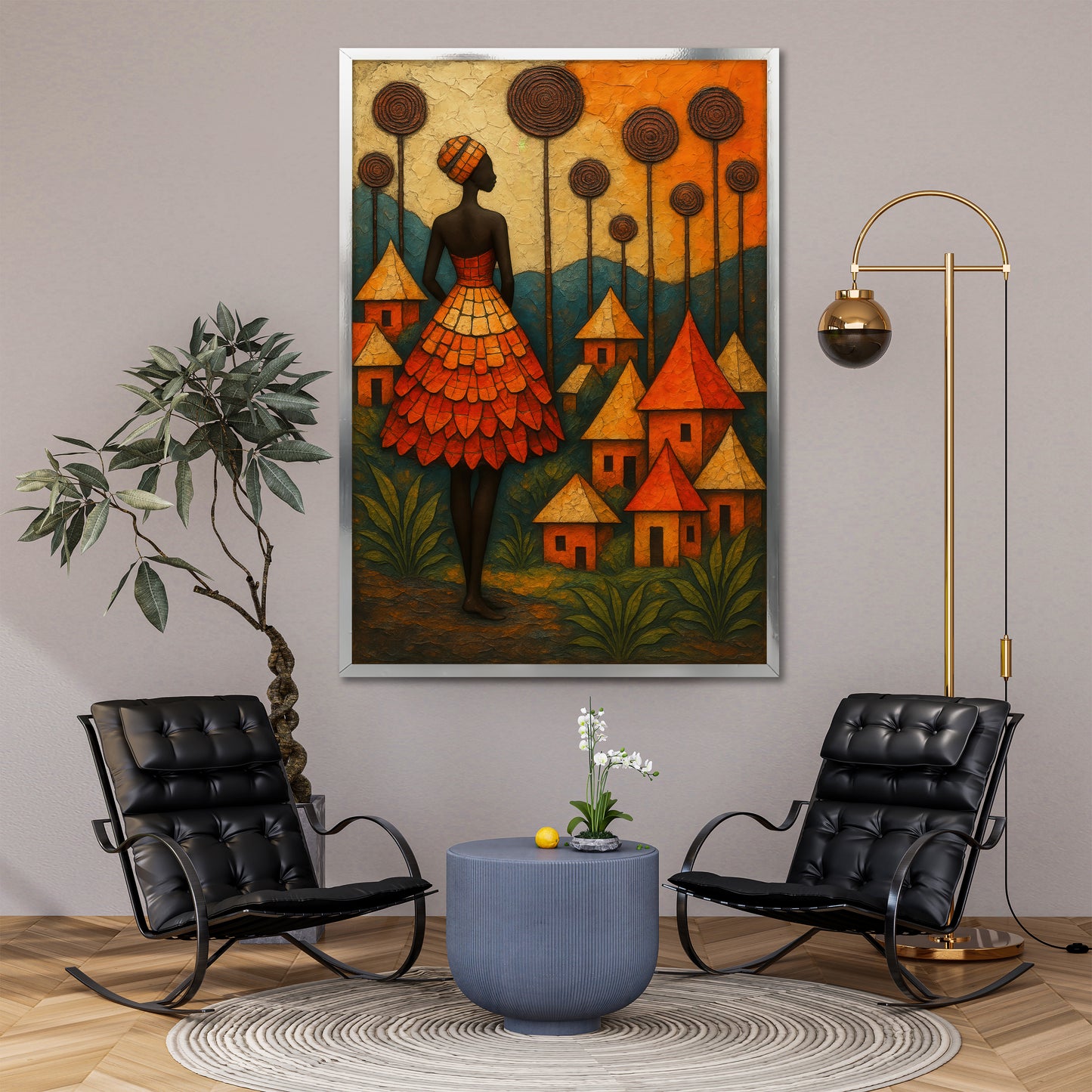 Abstract African Woman and Village Canvas Print - Warm Orange Wall Art