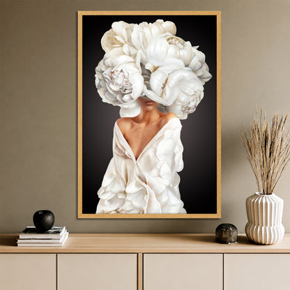 Luxury White Peony Flower Head Woman Canvas Print - Elegant Wall Art