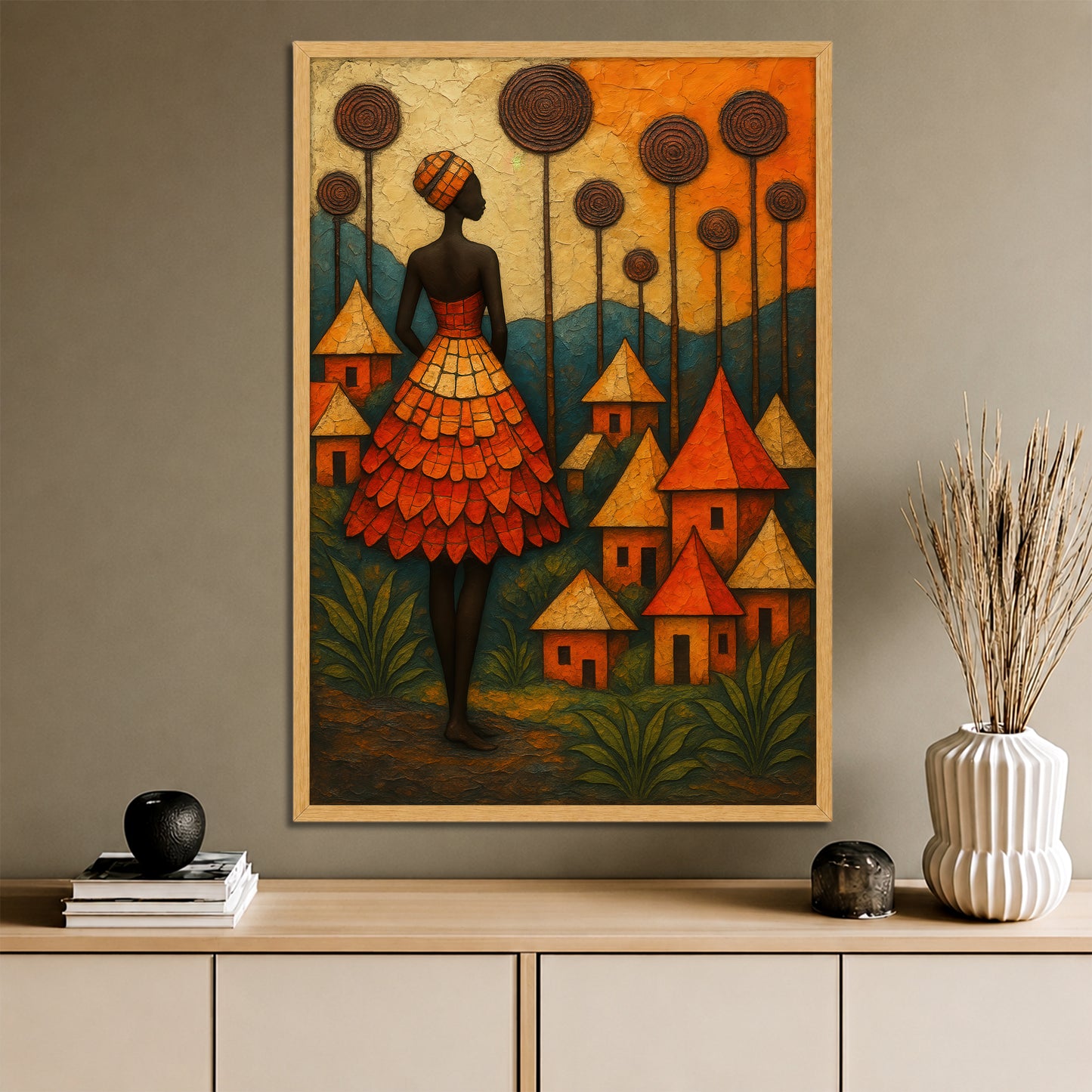 Abstract African Woman and Village Canvas Print - Warm Orange Wall Art