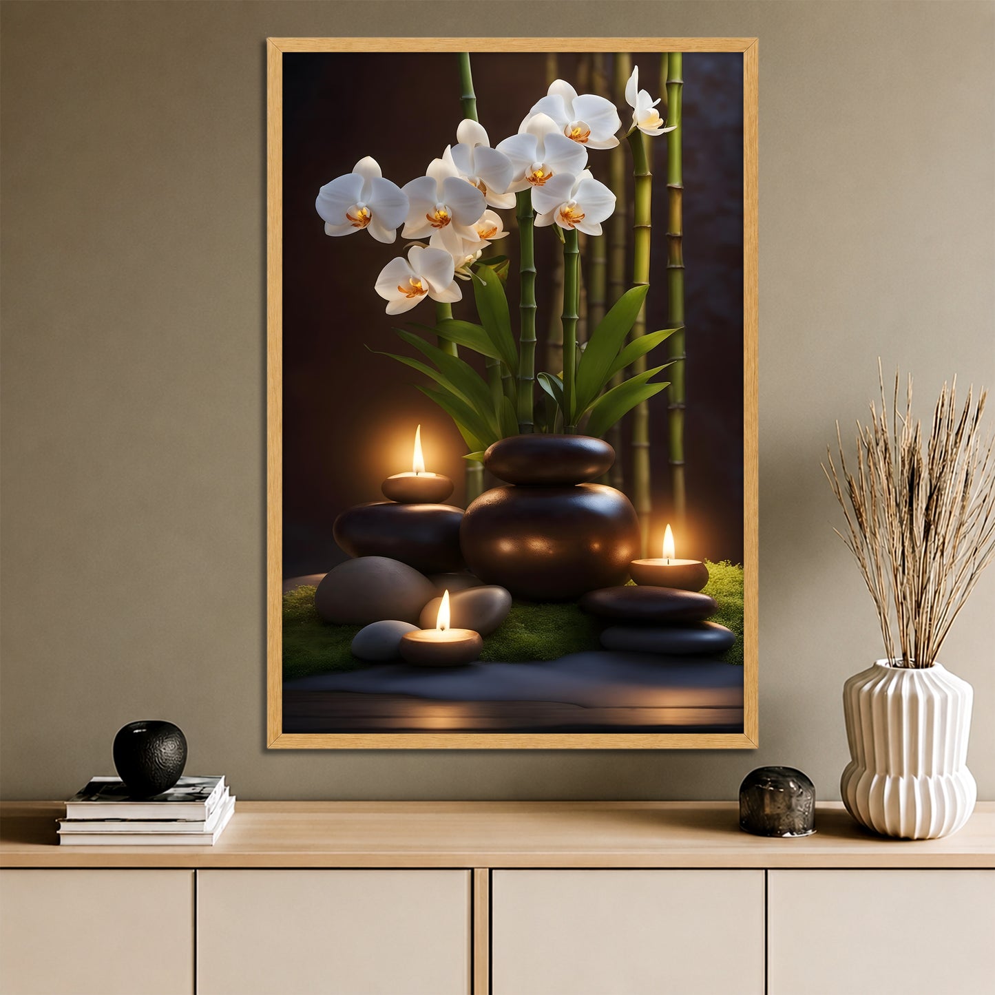 Glowing Candles and White Orchid Canvas Art - Dark Spa Meditation Print