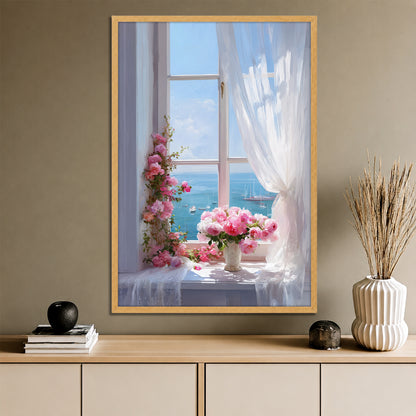 Window Landscape and Pink Flowers Canvas Print - Romantic Home Decor