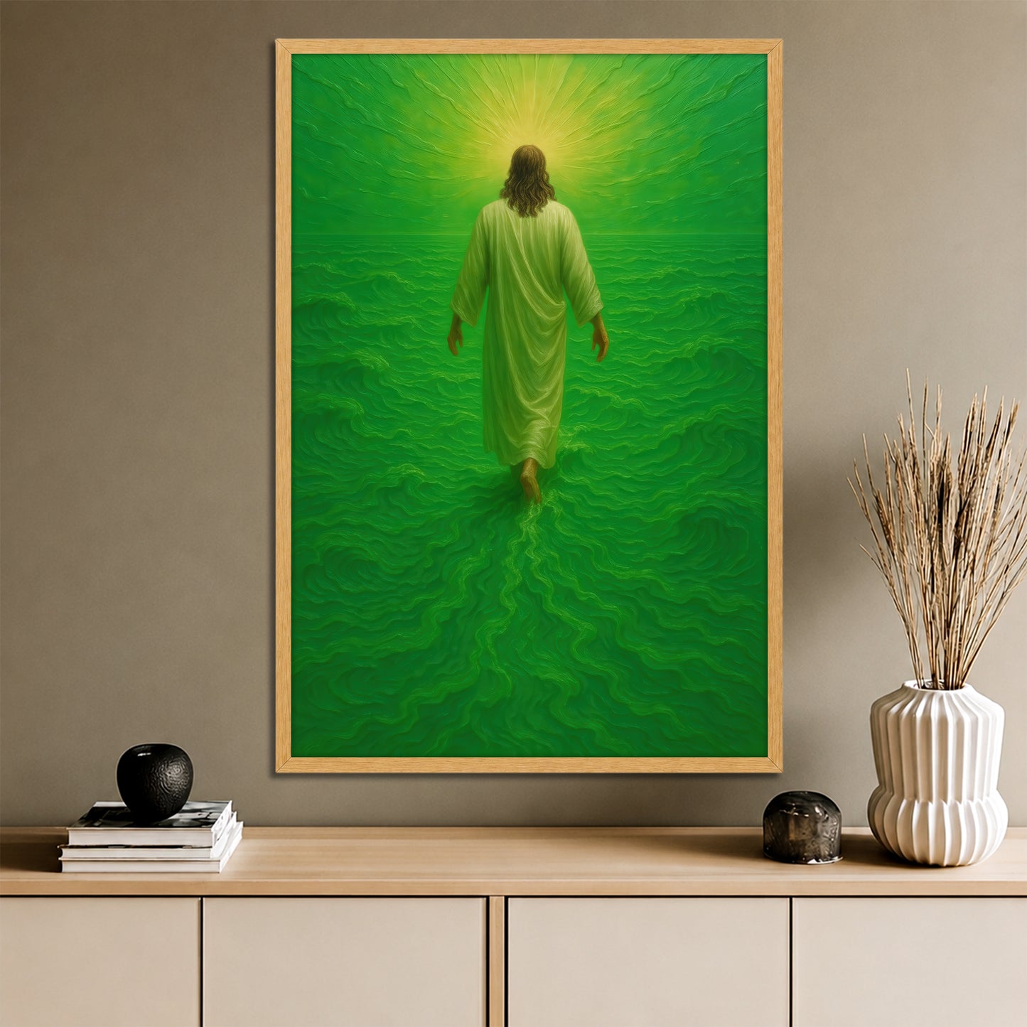 Jesus Walking on Water Canvas Print - Heaven Green Background Wall Art