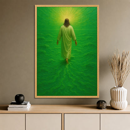 Jesus Walking on Water Canvas Print - Heaven Green Background Wall Art