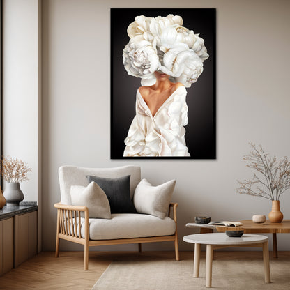 Luxury White Peony Flower Head Woman Canvas Print - Elegant Wall Art