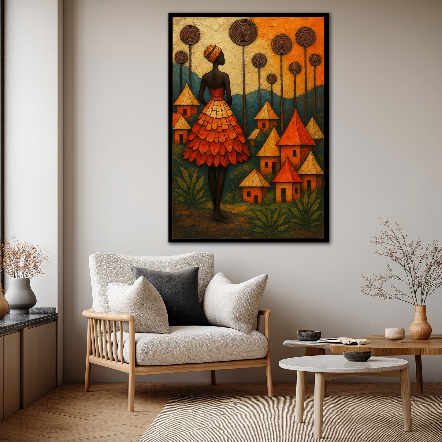 Abstract African Woman and Village Canvas Print - Warm Orange Wall Art
