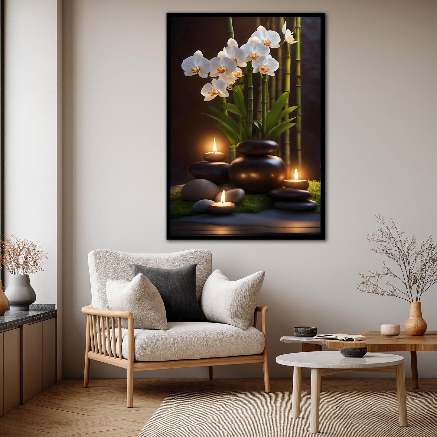 Glowing Candles and White Orchid Canvas Art - Dark Spa Meditation Print