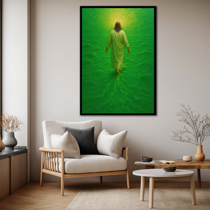 Jesus Walking on Water Canvas Print - Heaven Green Background Wall Art