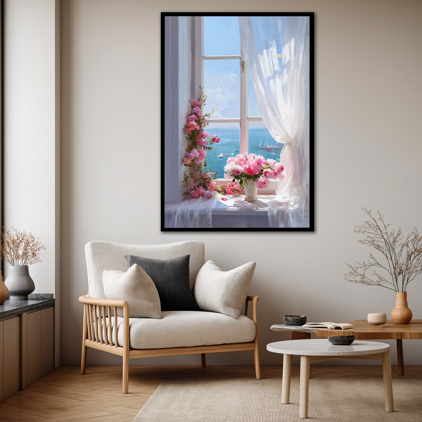 Window Landscape and Pink Flowers Canvas Print - Romantic Home Decor