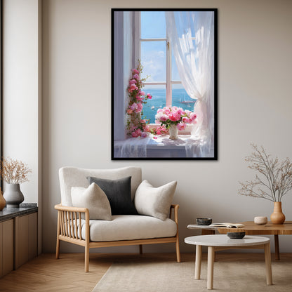Window Landscape and Pink Flowers Canvas Print - Romantic Home Decor