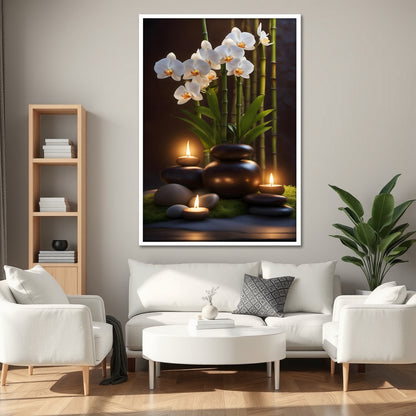 Glowing Candles and White Orchid Canvas Art - Dark Spa Meditation Print