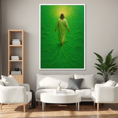 Jesus Walking on Water Canvas Print - Heaven Green Background Wall Art