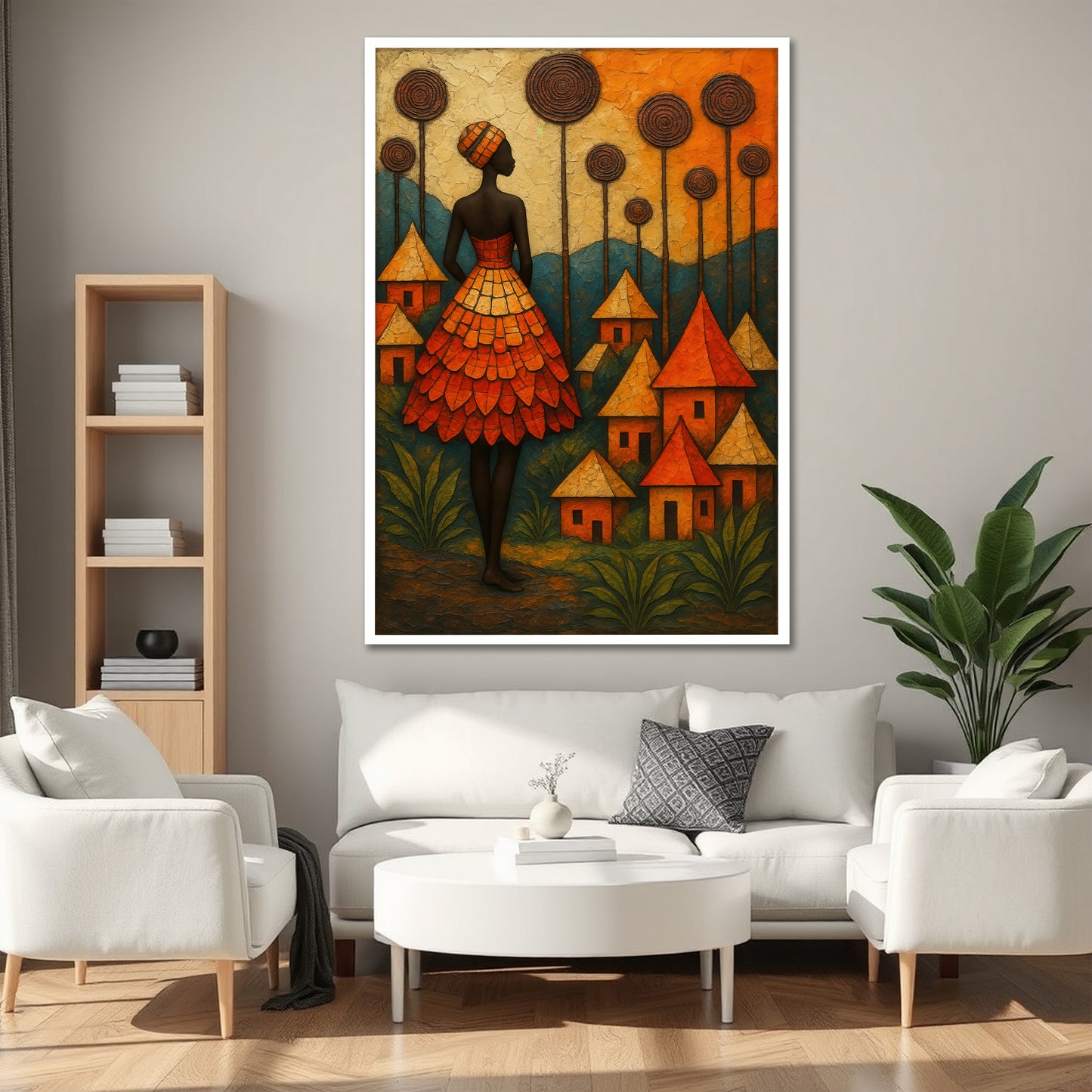 Abstract African Woman and Village Canvas Print - Warm Orange Wall Art