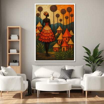 Abstract African Woman and Village Canvas Print - Warm Orange Wall Art